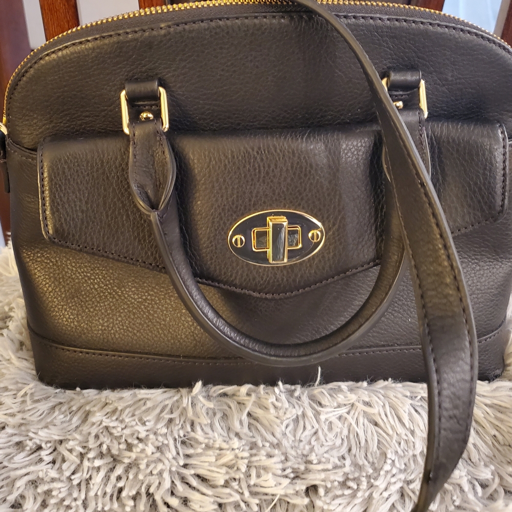 Talbots Black Leather Satchel with Gold Accents